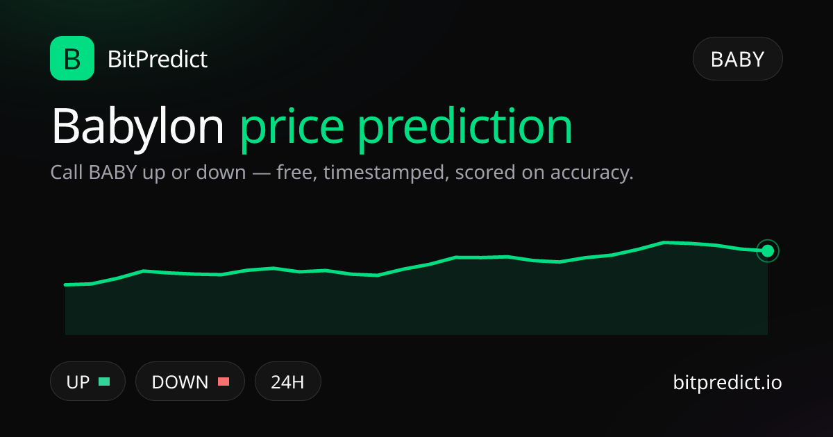 Babylon price prediction card — call BABY up or down on BitPredict, the free crypto prediction accuracy leaderboard