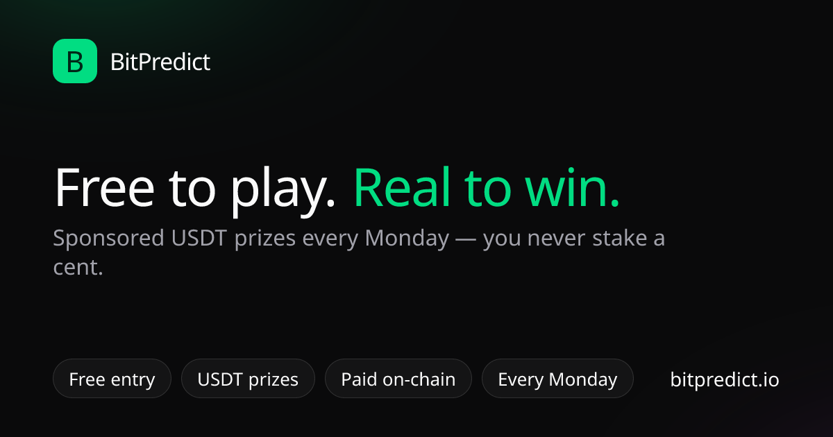 BitPredict weekly rewards — free crypto prediction contest with sponsored USDT prizes paid on-chain every Monday