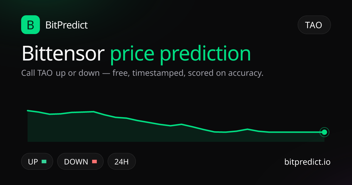 Bittensor price prediction card — call TAO up or down on BitPredict, the free crypto prediction accuracy leaderboard