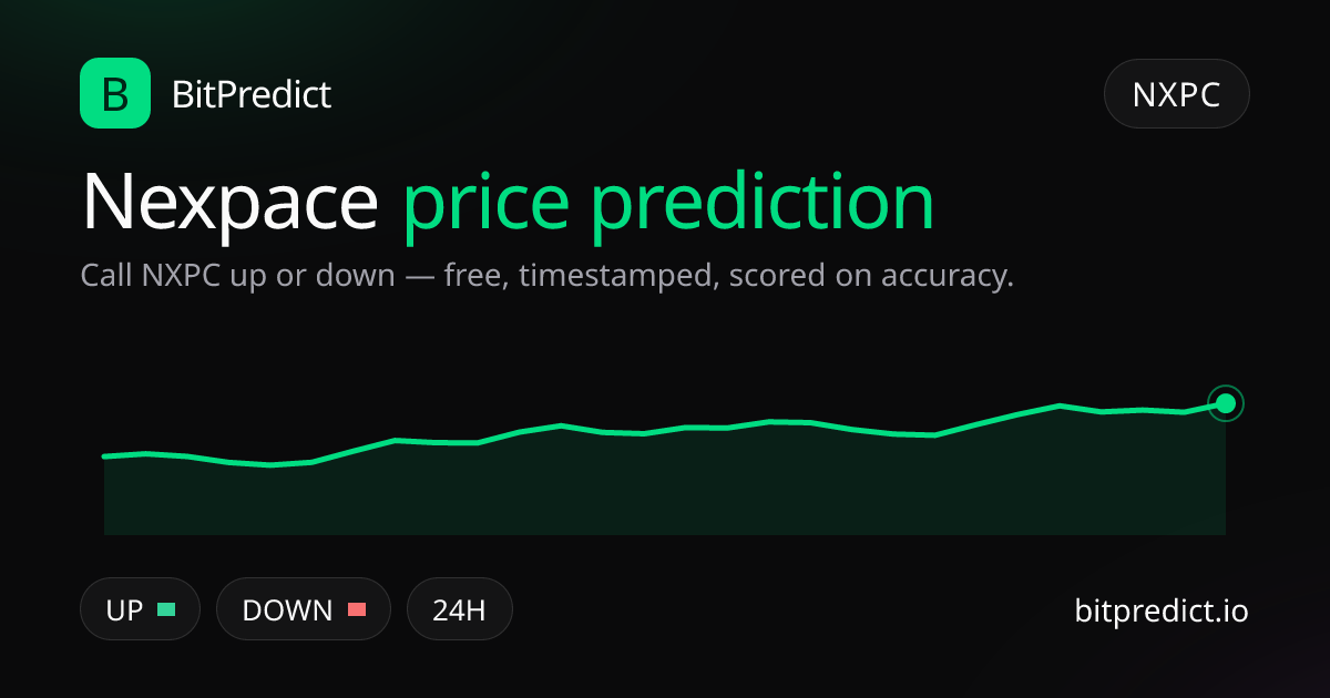 Nexpace price prediction card — call NXPC up or down on BitPredict, the free crypto prediction accuracy leaderboard