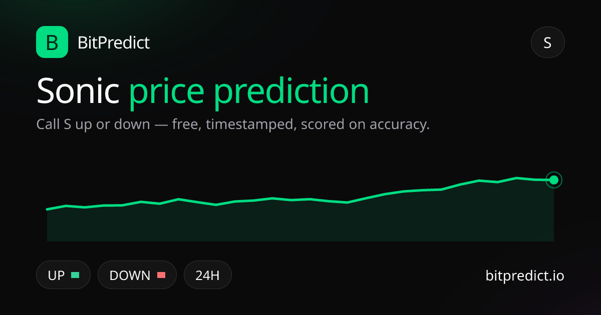 Sonic price prediction card — call S up or down on BitPredict, the free crypto prediction accuracy leaderboard