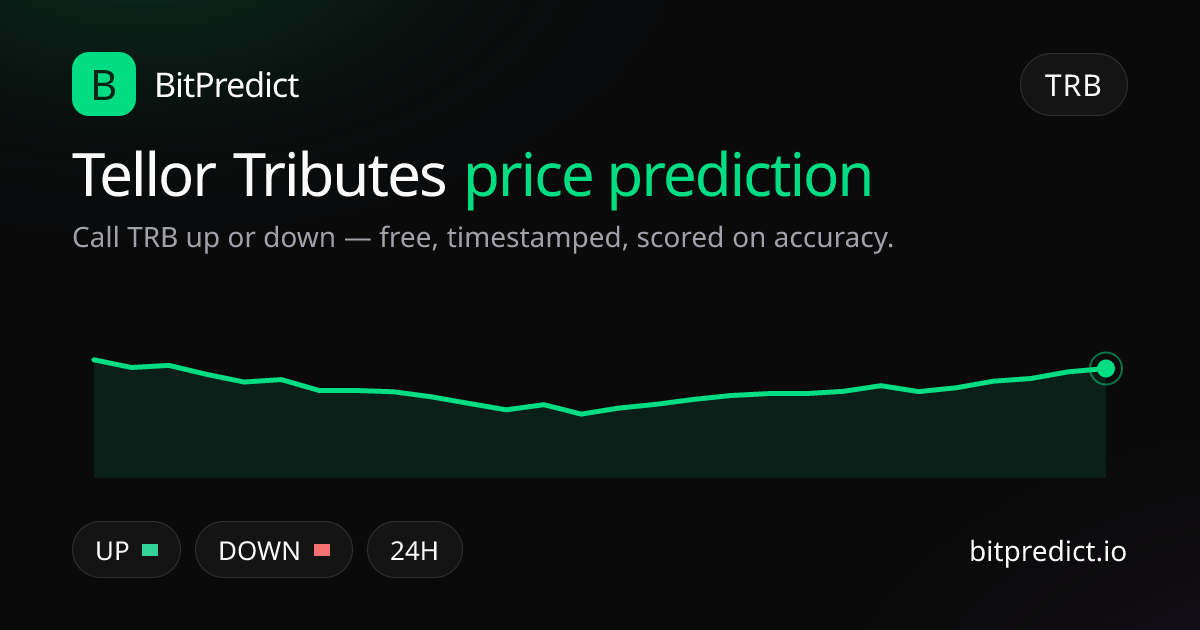 Tellor Tributes (Tellor) price prediction card — call TRB up or down on BitPredict, the free crypto prediction accuracy leaderboard